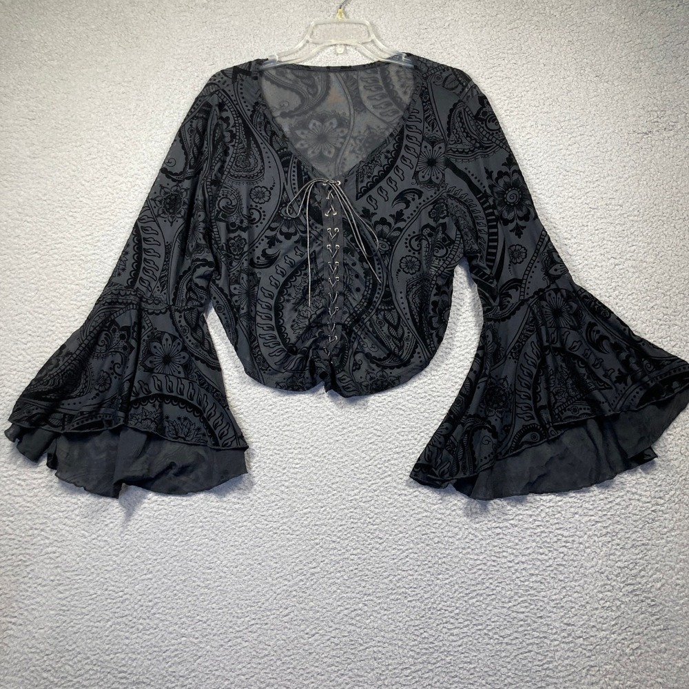 Whimsigoth Paisley Lace Up Top Womens 2XL Black Bell Sleeve Boho Velvet Festival